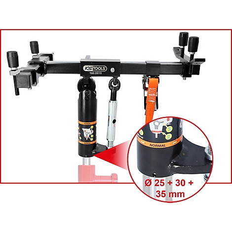 Schwarze KFZ-Motorbrücke mit Details, darunter ein roter Pfeil und Schriftzug: Ø 25 + 30 + 35 mm.